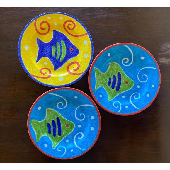 Vietri Other - 3 Ceramic 8" Fish Salad Plates Made In Italy For Vietri Bright Color Blue Yellow